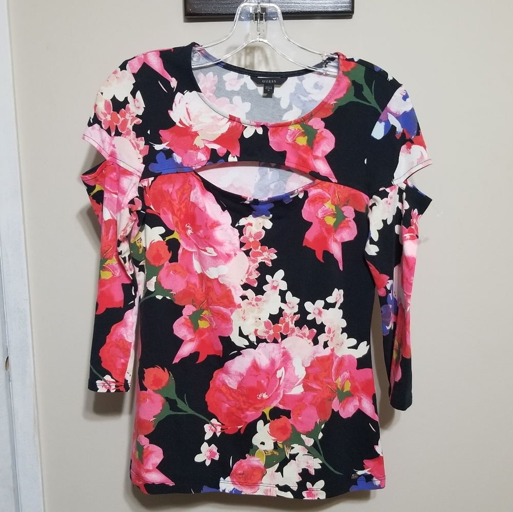 Guess Top Floral Medium Peek A Boo Shoulder & Front Multicolored
